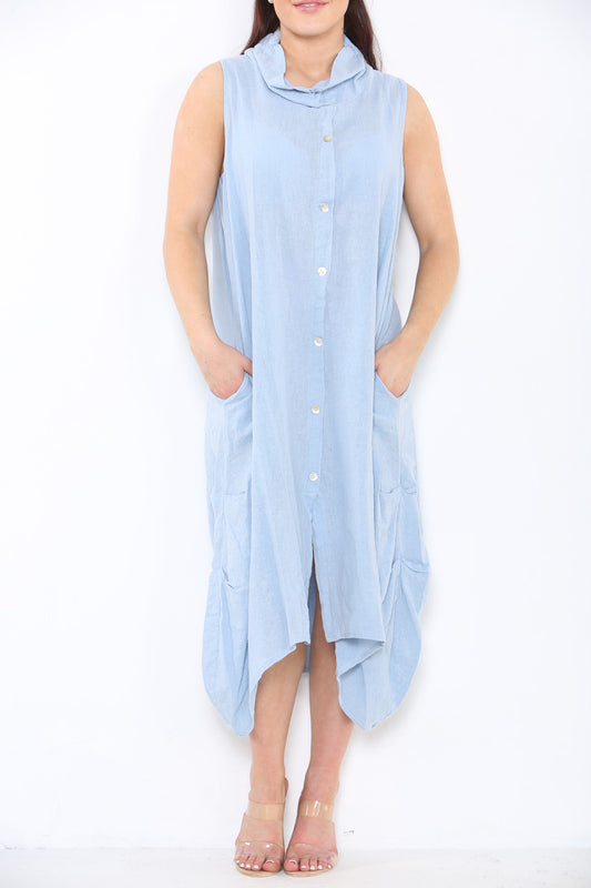 Ladies Linen Button Front Cowl Neck Sleeveless Dress Sky Blue