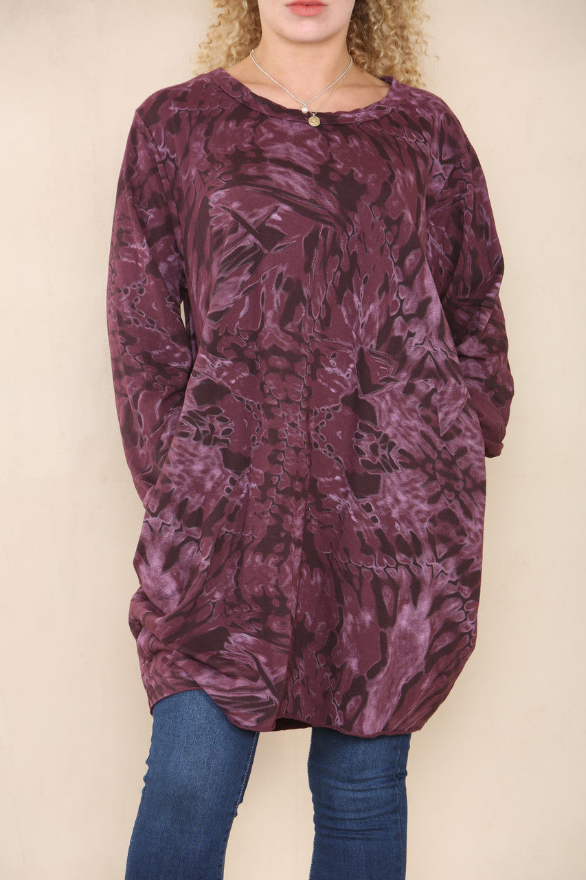 MIX PRINT TUNIC TOP DRESS BURGUNDY