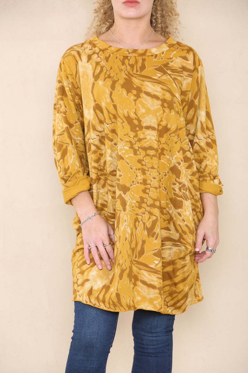 MIX PRINT TUNIC TOP DRESS MUSTARD