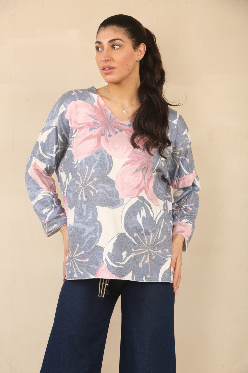 TRUI MET BLOEMENPRINT EN LELIES - MARINEBLAUW
