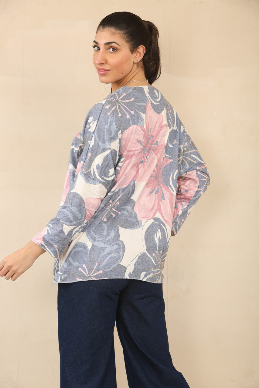 TRUI MET BLOEMENPRINT EN LELIES - MARINEBLAUW