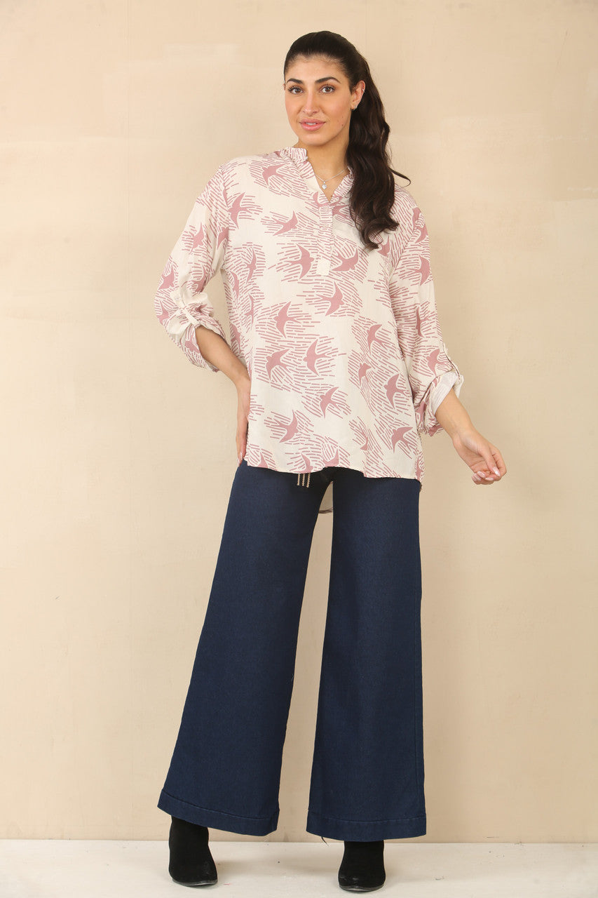 BLOUSE MET VOGELZWERNKPRINT - ROZE