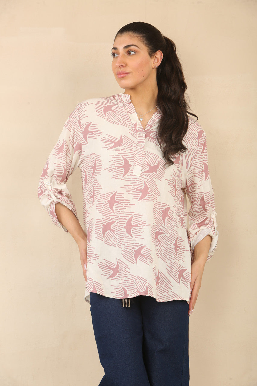 BLOUSE MET VOGELZWERNKPRINT - ROZE