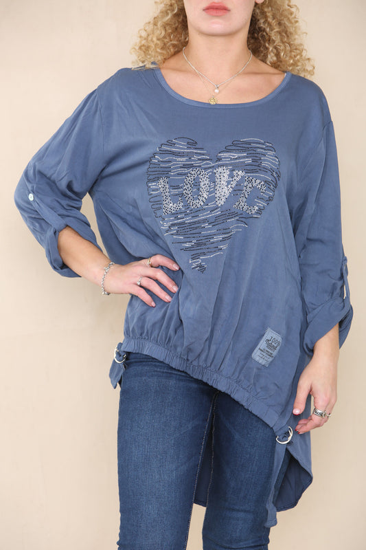 LOVE DIAMANTE HEART TOP DENIM