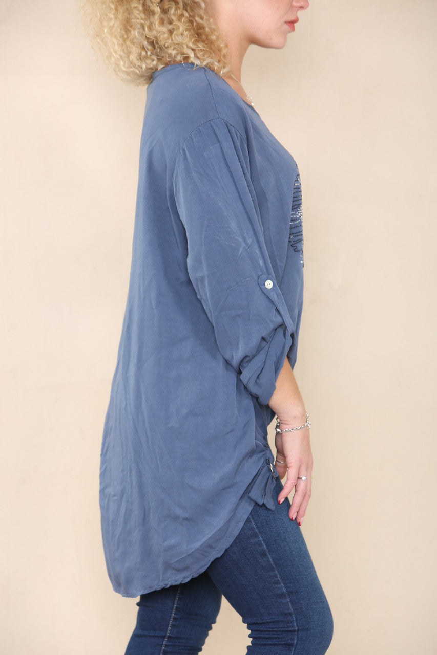 LOVE DIAMANTE HEART TOP DENIM