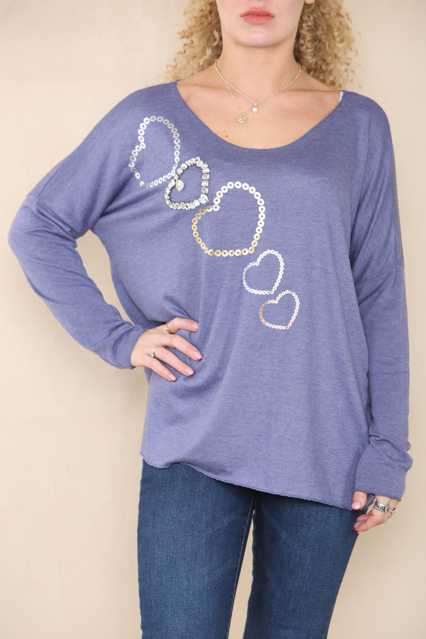 DIAMANTE SEQUIN HEART FINE KNIT JUMPER DENIM