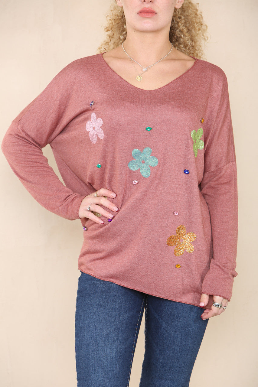 FOIL FLOWERS FINE KNIT JUMPER RUST