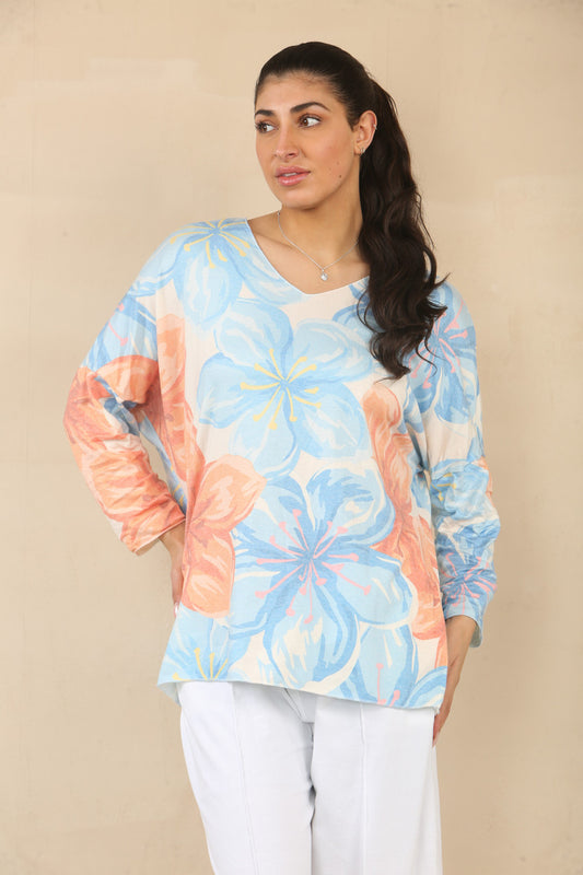 FLORAL LILY PRINT JUMPER TOP - LIGHT BLUE