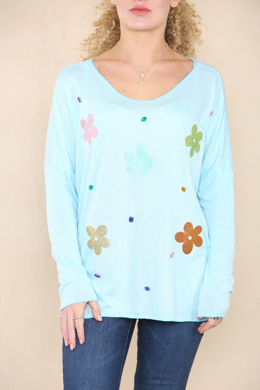 FOIL FLOWERS FINE KNIT JUMPER TURQUOISE
