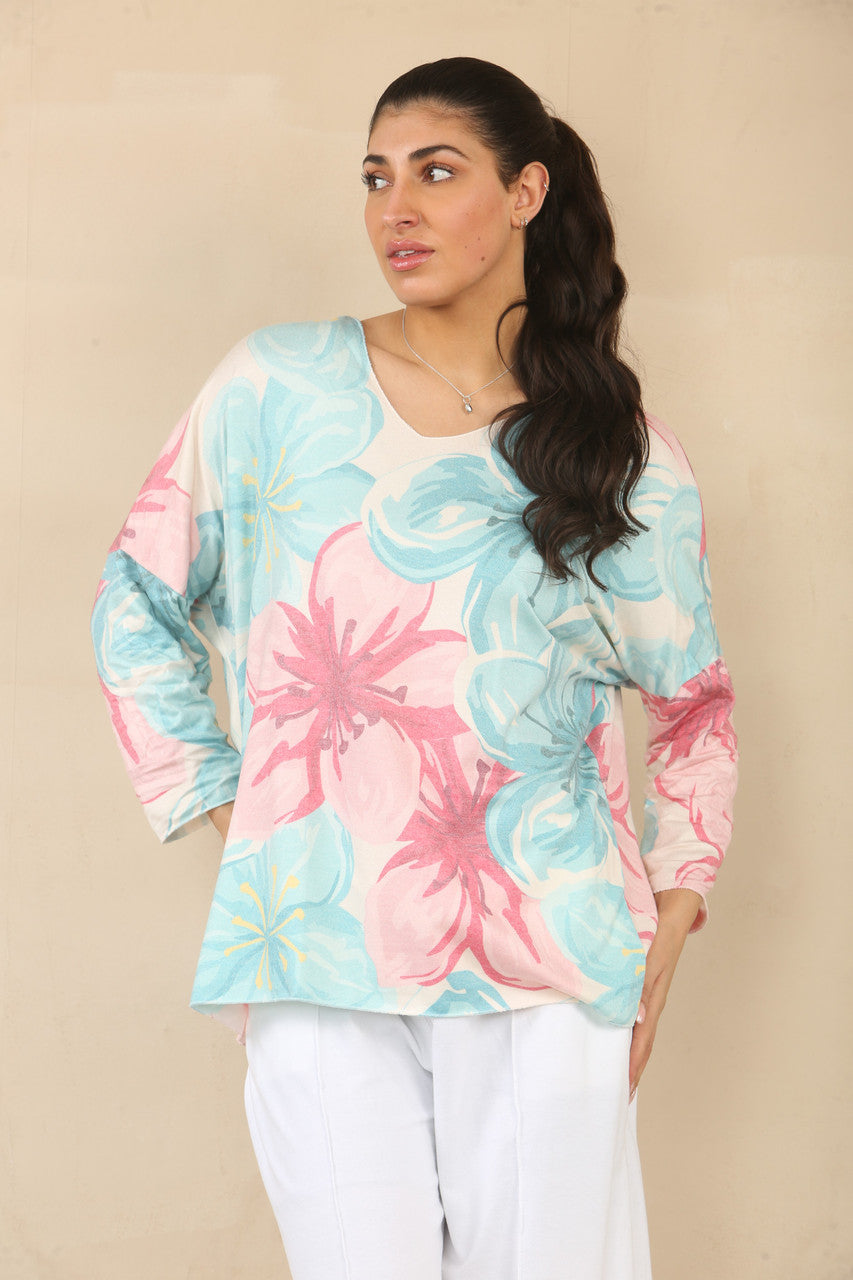 TRUI MET BLOEMENPRINT EN LELIES - TURKOOIS