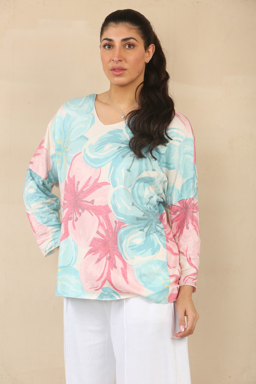 TRUI MET BLOEMENPRINT EN LELIES - TURKOOIS