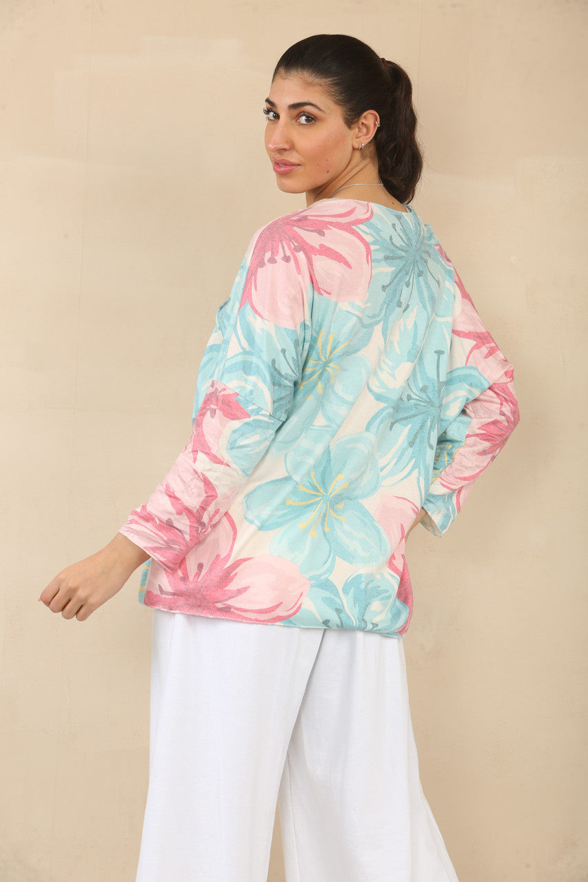 TRUI MET BLOEMENPRINT EN LELIES - TURKOOIS