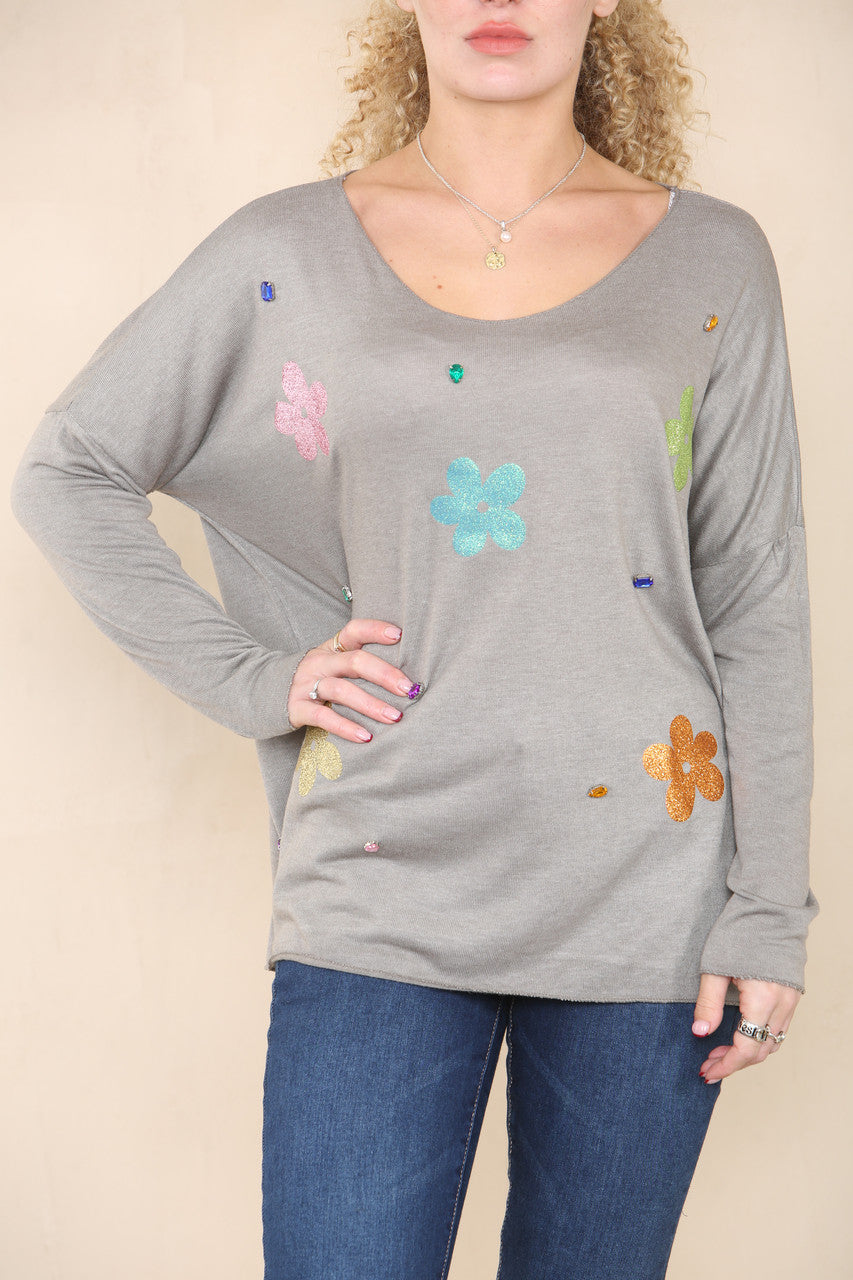 FOIL FLOWERS FINE KNIT JUMPER TAUPE