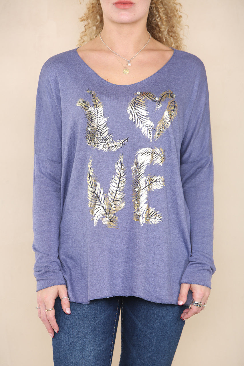 DIAMANTE FEATHER LOVE FINE KNIT JUMPER BLUE