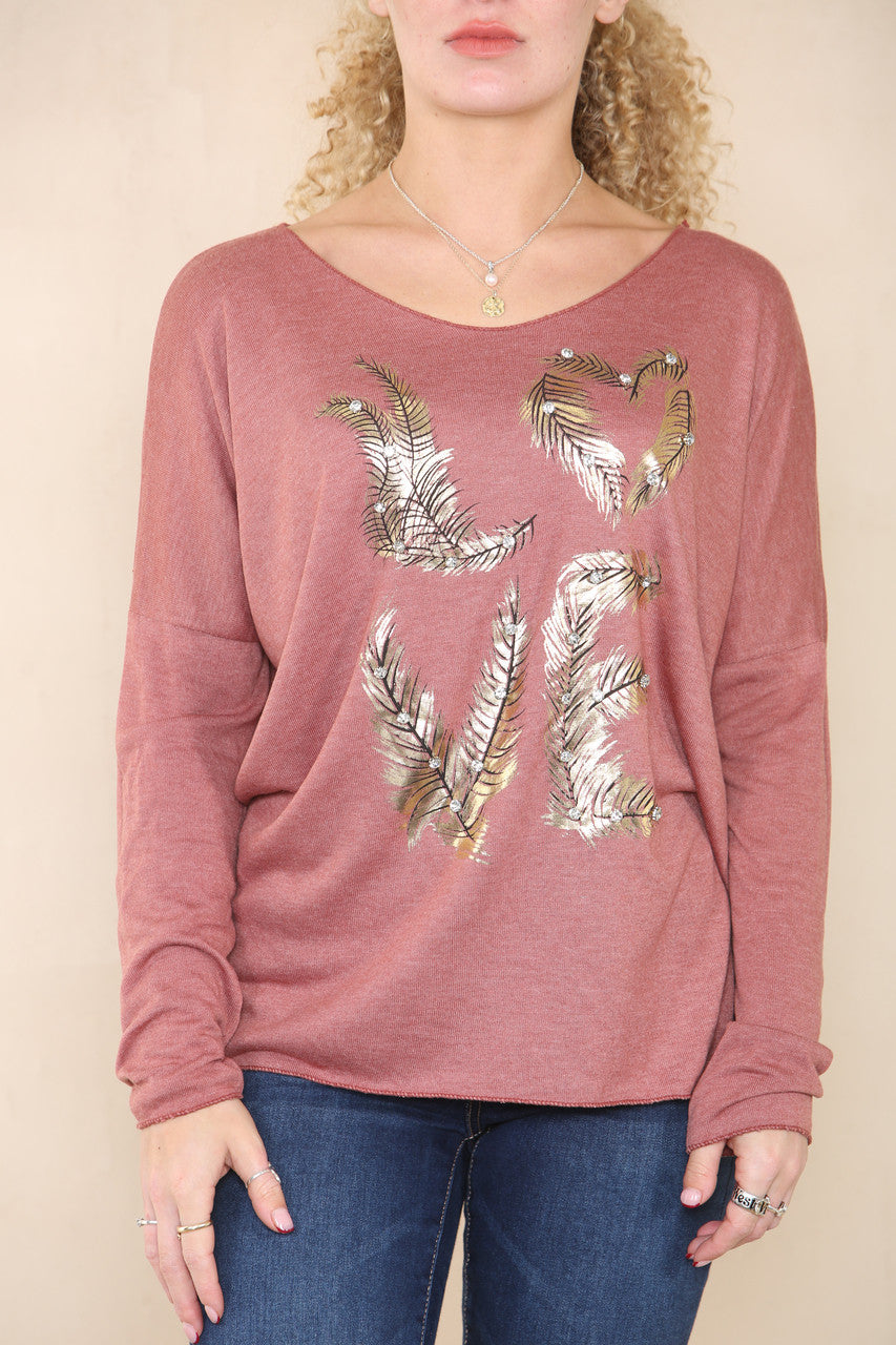 DIAMANTE FEATHER LOVE FINE KNIT JUMPER RUST