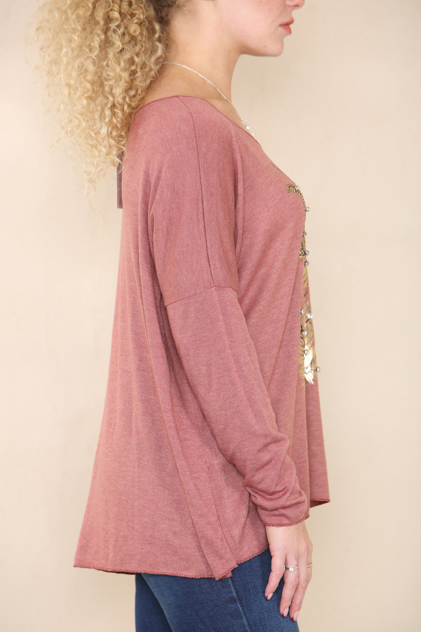 DIAMANTE FEATHER LOVE FINE KNIT JUMPER RUST