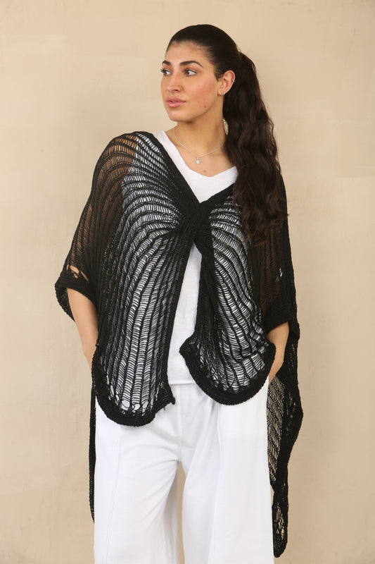 CROCHET TWIST KNIT TOP - BLACK