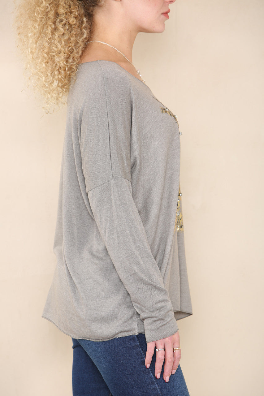 DIAMANTE FEATHER LOVE FINE KNIT JUMPER TAUPE