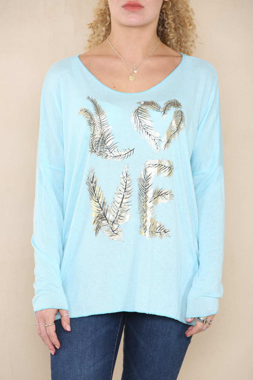 DIAMANTE FEATHER LOVE FINE KNIT JUMPER TURQUOISE