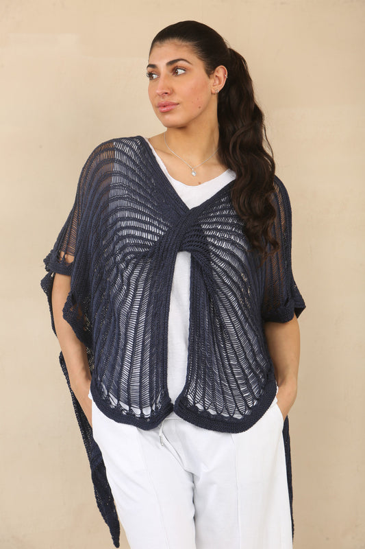 CROCHET TWIST KNIT TOP - NAVY