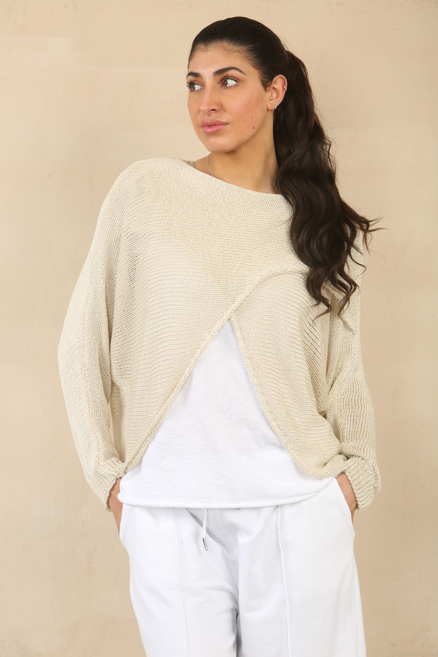 OVERSLAG TRICOT TOP - STEEN