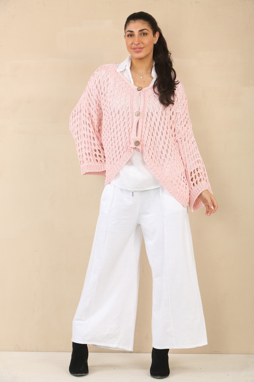 GEHAAKT VEST MET KNOPENSLUITING - ROZE