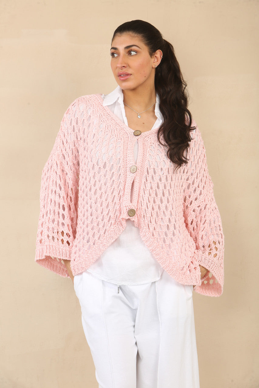 GEHAAKT VEST MET KNOPENSLUITING - ROZE