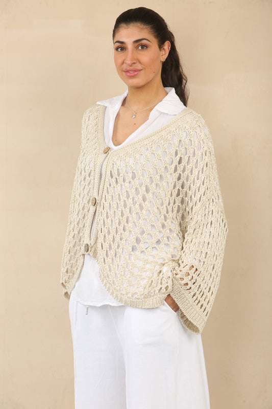 CROCHET BUTTON FASTENING CARDIGAN - STONE