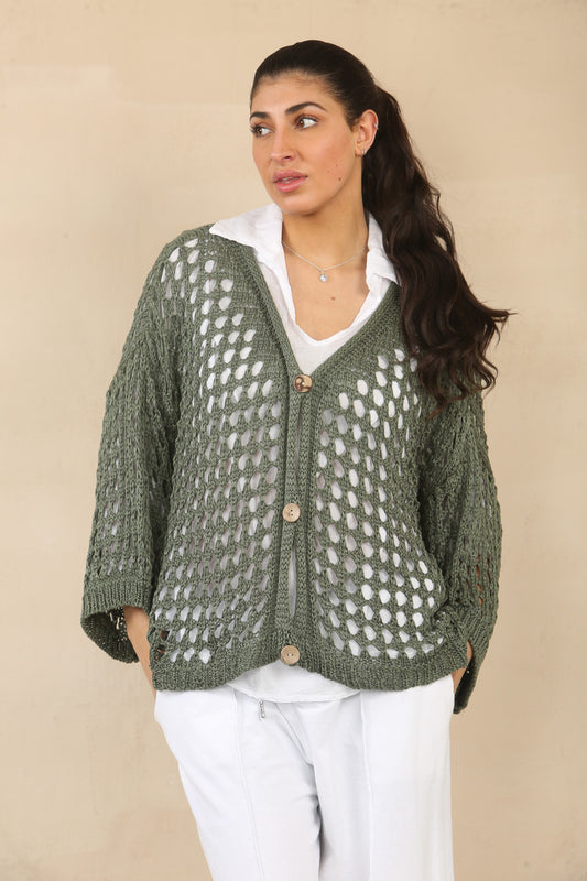 CROCHET BUTTON FASTENING CARDIGAN - KHAKI