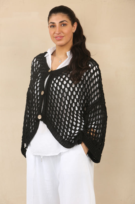 CROCHET BUTTON FASTENING CARDIGAN - BLACK