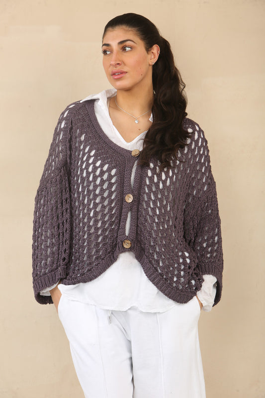 CROCHET BUTTON FASTENING CARDIGAN - PLUM