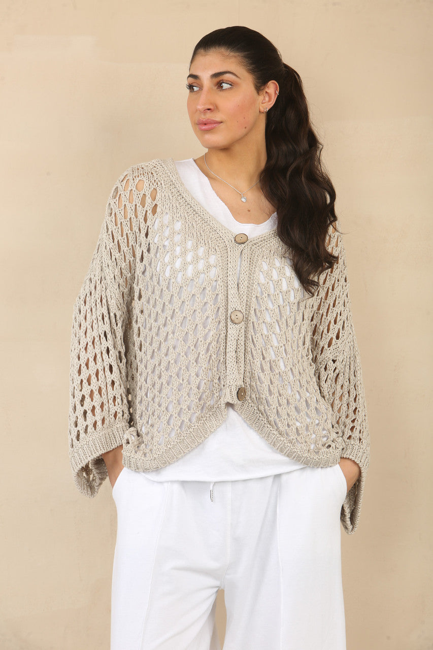 GEHAAKT VEST MET KNOPEN - TAUPE