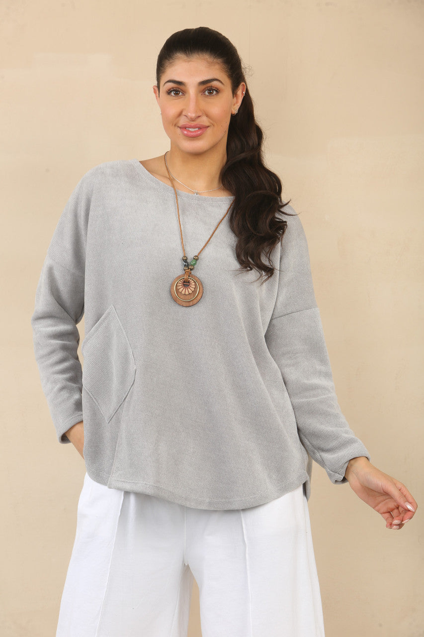 RIBFLUWEEL TOP MET KETTING - GRIJS
