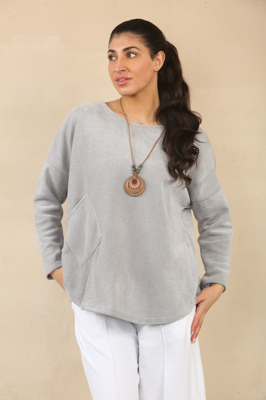 RIBFLUWEEL TOP MET KETTING - GRIJS