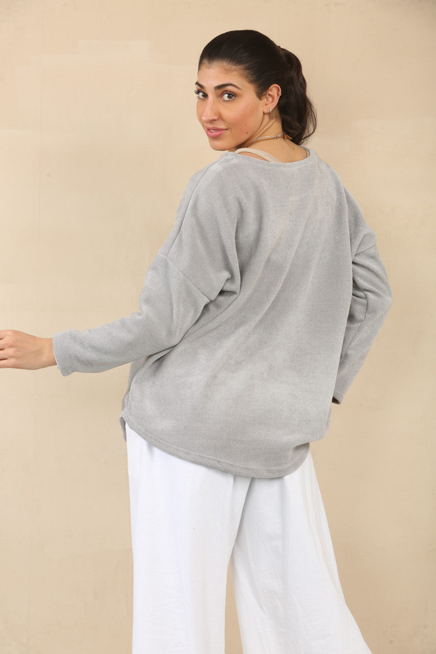 RIBFLUWEEL TOP MET KETTING - GRIJS