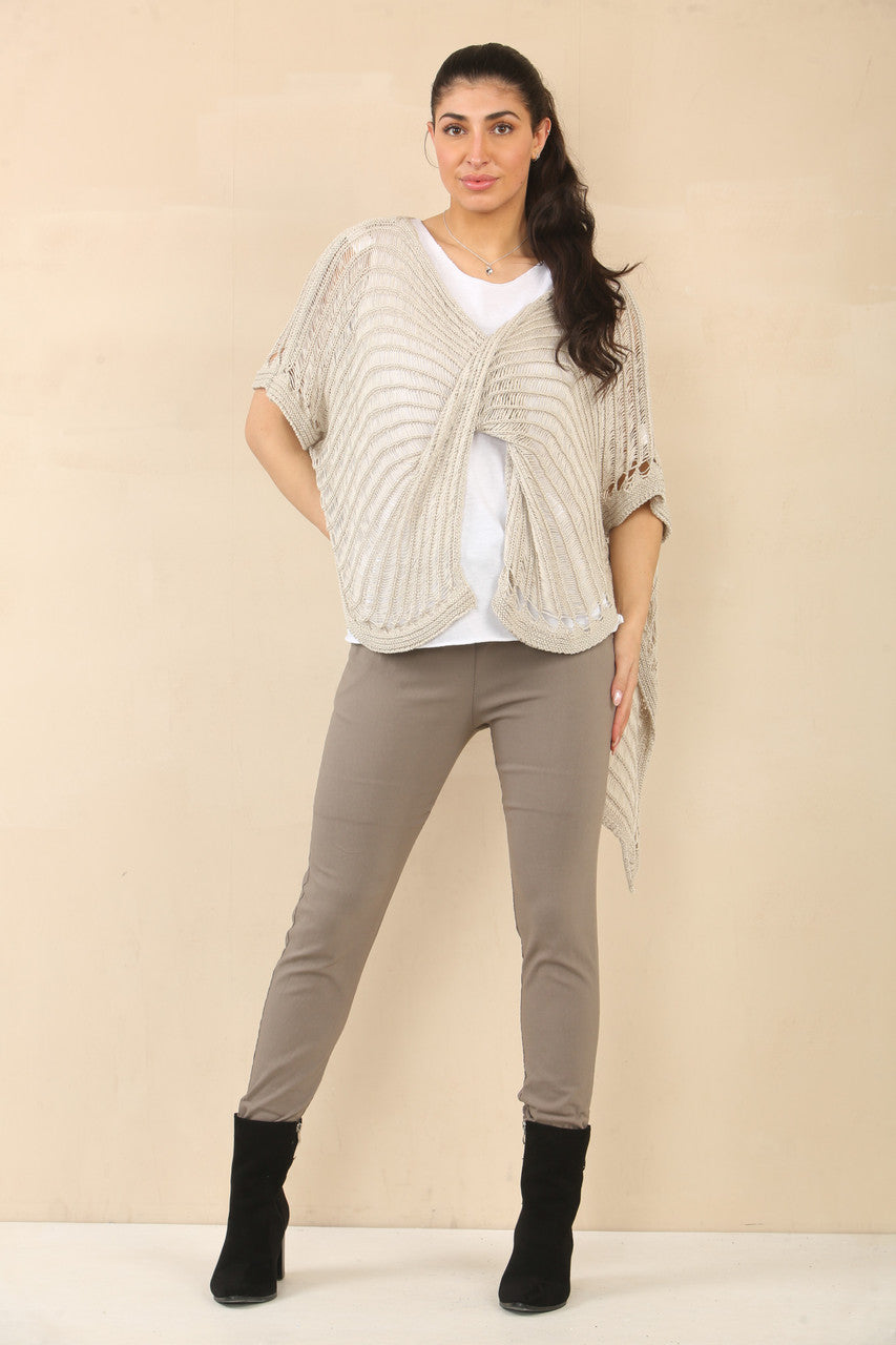CROCHET TWIST KNIT TOP - TAUPE