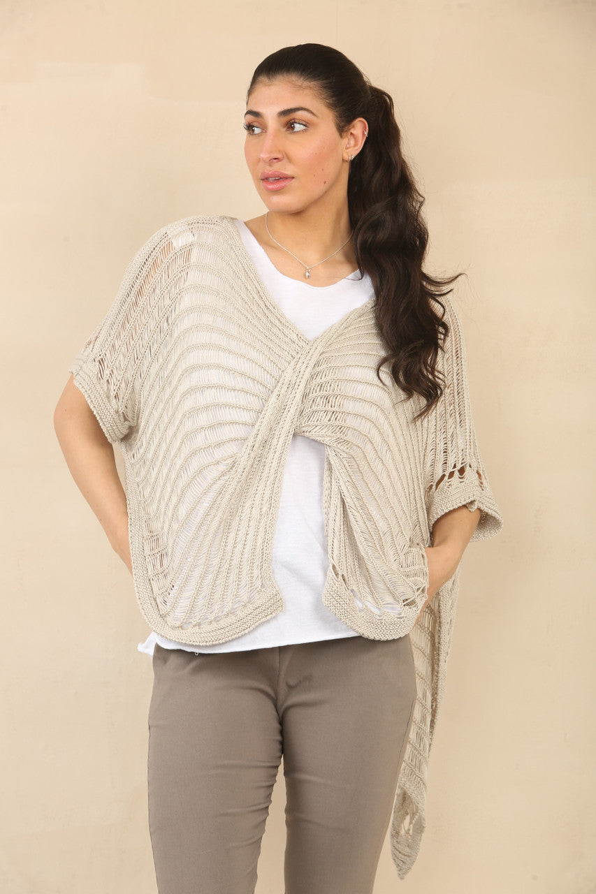 CROCHET TWIST KNIT TOP - TAUPE