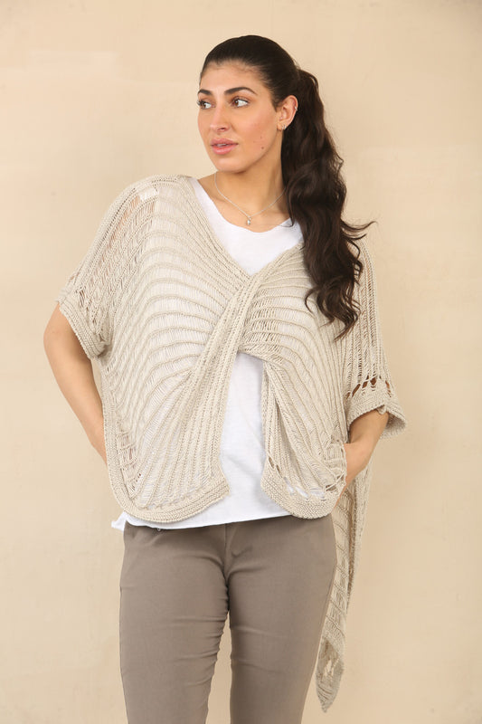 CROCHET TWIST KNIT TOP - TAUPE