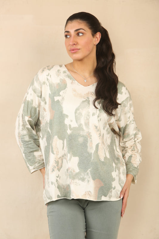 ABSTRACT GOLD FLECK PRINTED JUMPER TOP - KHAKI