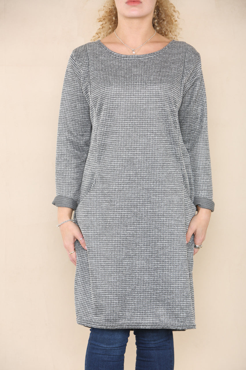 DOGTOOTH PRINT DRESS GREY
