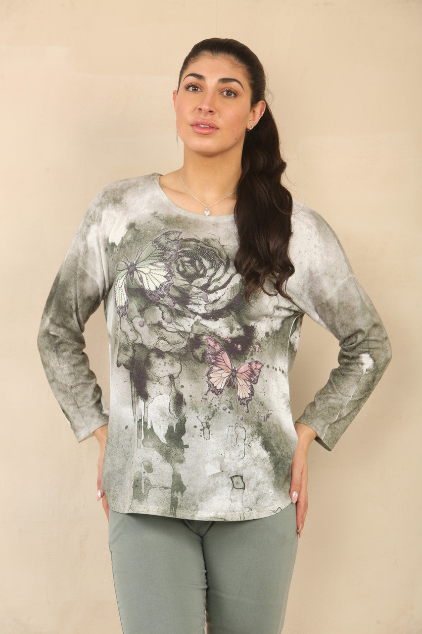 ROSE VLINDERGRAFISCH TOP - KHAKI