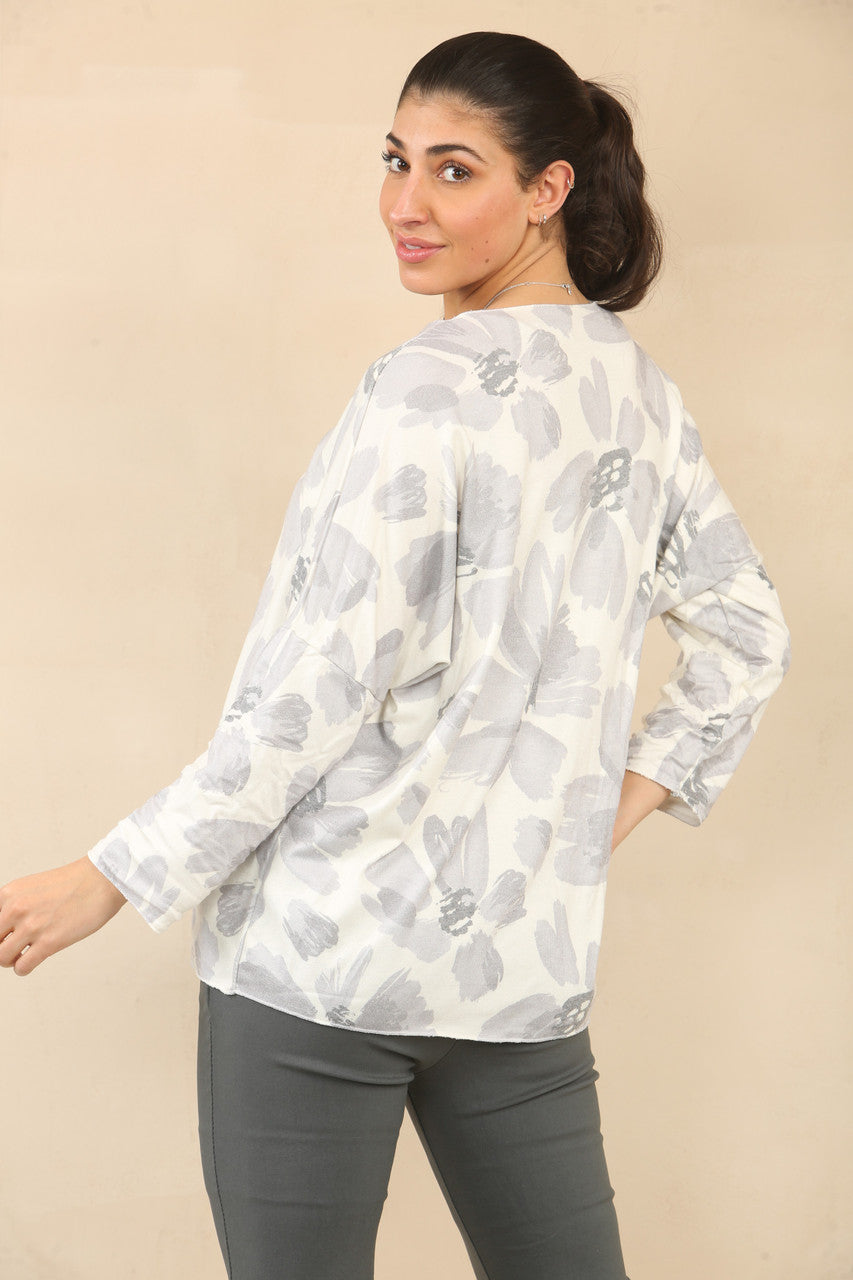 TRUI MET BLADEREN- EN DAISY-PRINT - GRIJS