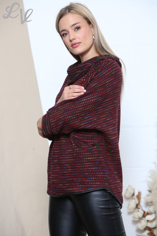Dames bordeauxrode trui met col en stippen baksteenprint