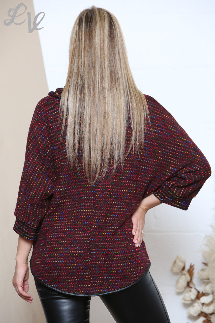 Ladies Multicoloured Dot Brick Print Cowl Neck Jumper Burgundy