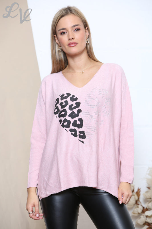 Dames Luipaard Diamante Hart Trui Top Stoffig Roze