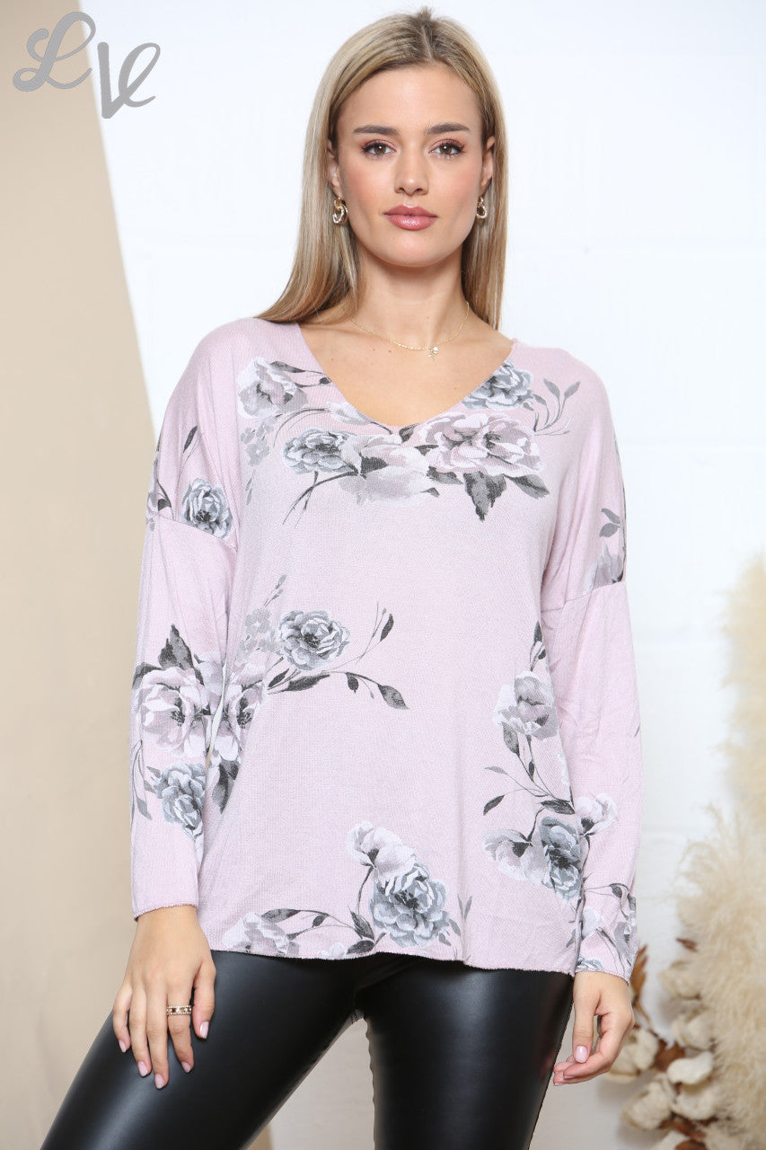 Dames Top met lange mouwen en rozenprint Dusty Pink