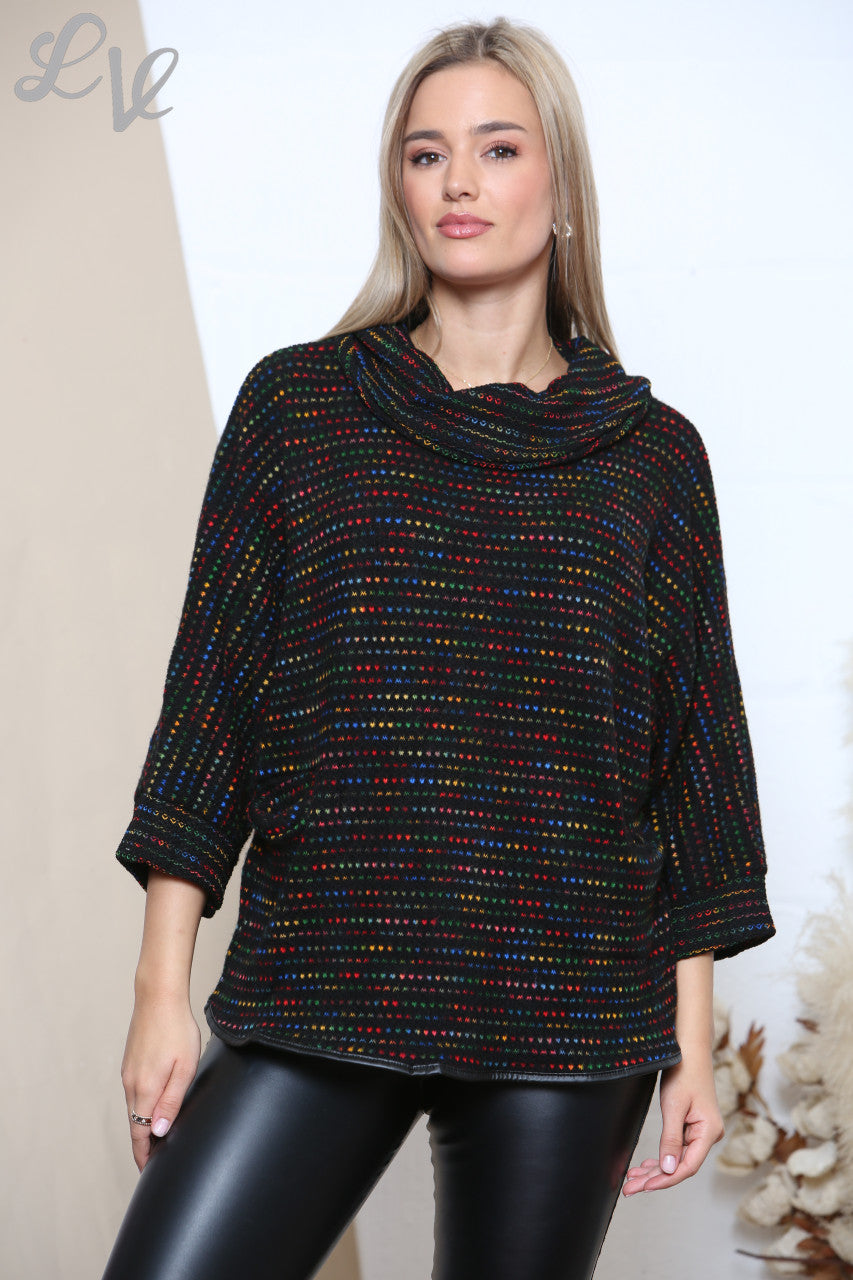 Ladies Multicoloured Dot Brick Print Cowl Neck Jumper Black