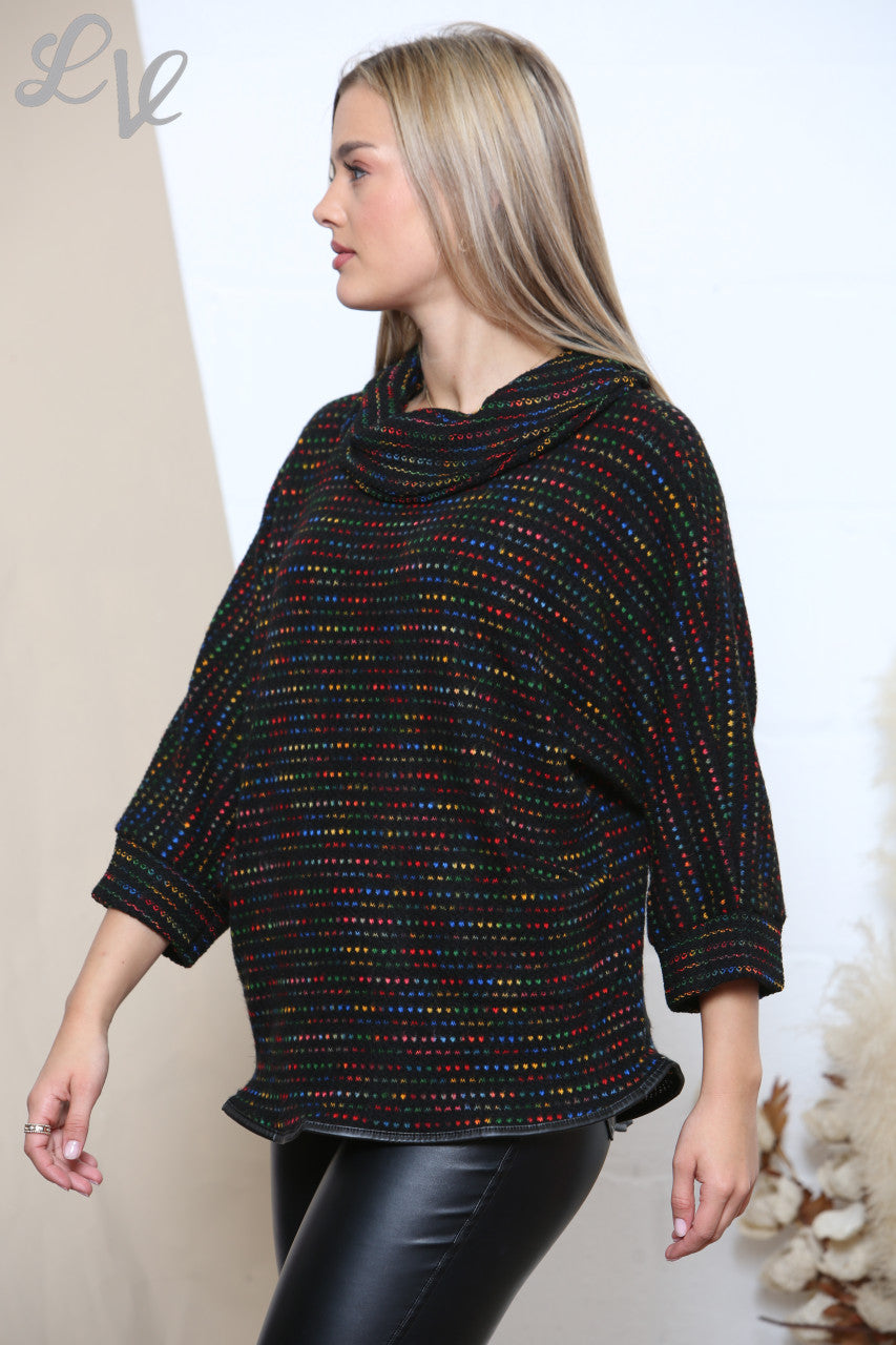 Ladies Multicoloured Dot Brick Print Cowl Neck Jumper Black