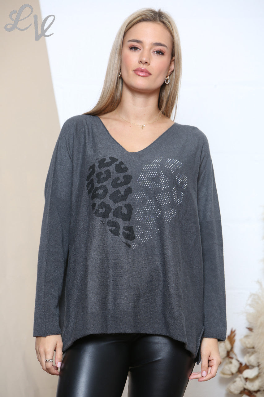 Dames Luipaard Diamante Hart Trui Top Houtskool