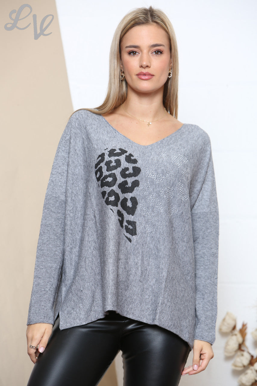Ladies Leopard Diamante Heart Jumper Top Grey